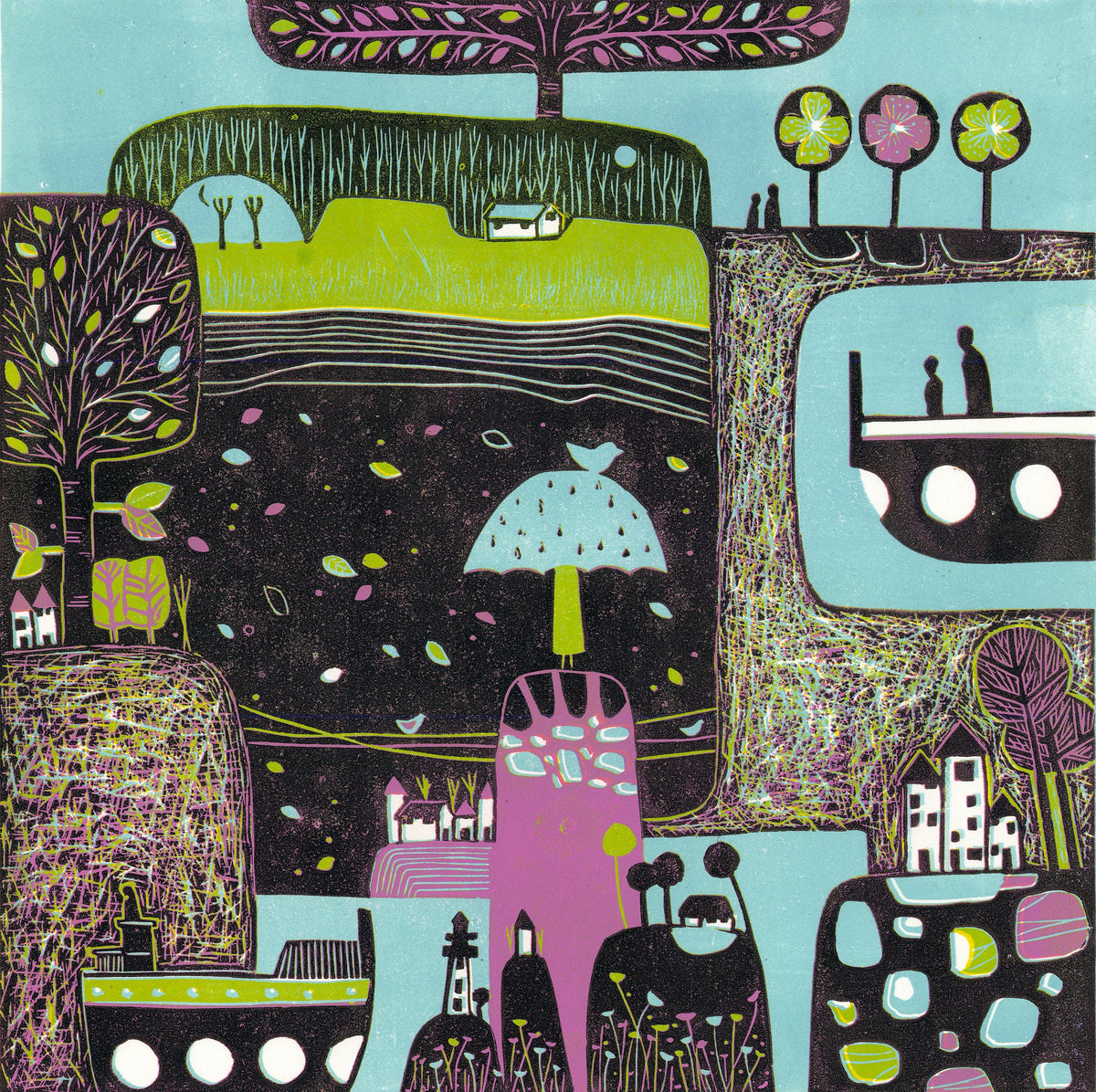 A Gust of Wind original 30 x 30 cm landscape linocut print by Layla Khani