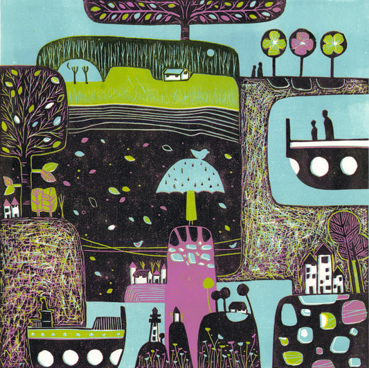 A Gust of Wind original 30 x 30 cm landscape linocut print by Layla Khani