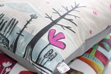 Load image into Gallery viewer, art print pillow throw, cushion cover, pillow cover, decorative cushion cover, decorative pillow, armchair pillow, unique art print pillow, linocut print, grey pink flower cushion, laylart studio, laylart, interior design, designer cushion, floral whimsy design, colourful home decor, unique fine art pillow