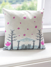 Load image into Gallery viewer, art print pillow throw, cushion cover, pillow cover, decorative cushion cover, decorative pillow, armchair pillow, unique art print pillow, linocut print, grey pink flower cushion, laylart studio, laylart, interior design, designer cushion, floral whimsy design, colourful home decor, unique fine art pillow