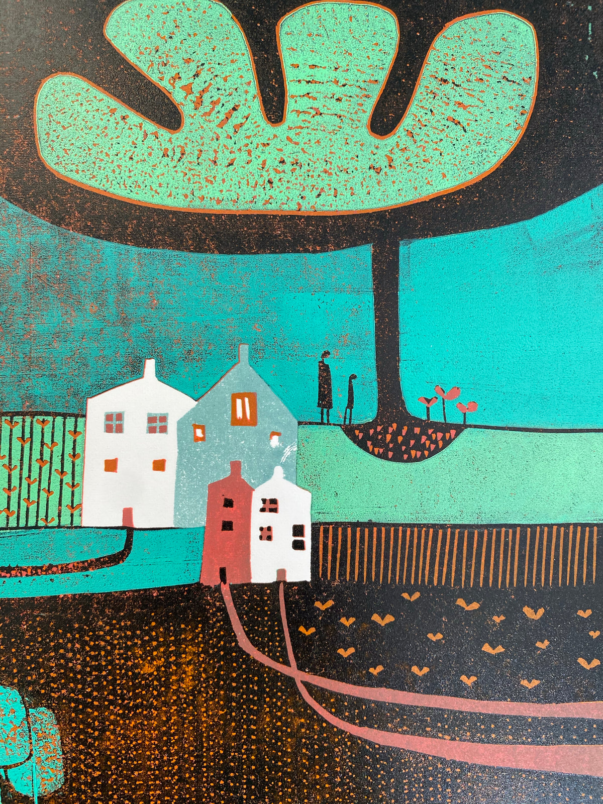 Close-up of tree, houses and carved landscape details in Autumn Days linocut print