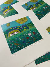 Load image into Gallery viewer, original lino print, lino print for sale, linocut print, limited edition, laylart print, laylart studio, lino print green, green wall art print, spring flower fields, colourful meadow