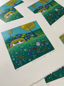 original lino print, lino print for sale, linocut print, limited edition, laylart print, laylart studio, lino print green, green wall art print, spring flower fields, colourful meadow