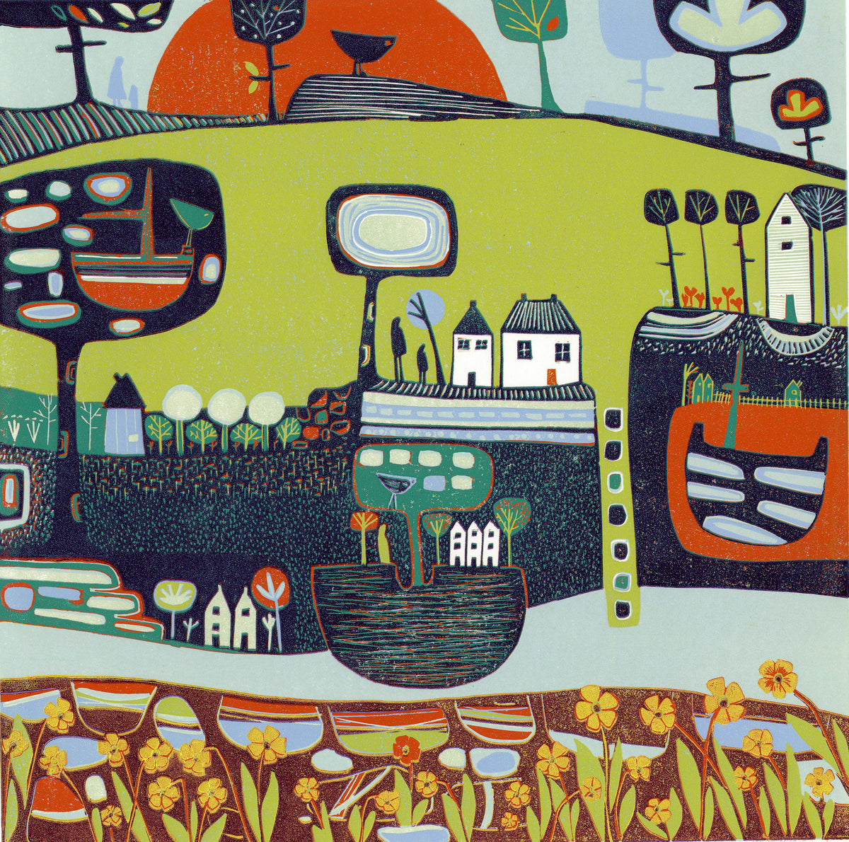 original linocut print, landscape linocut print, linoprint for sale, lino print art, laylart A Glorious Sight original 30 x 30 cm landscape linocut print by Layla Khani