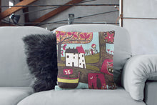Load image into Gallery viewer, art print pillow throw, cushion cover, pillow cover, decorative cushion cover, red decorative pillow, armchair pillow, unique art print pillow, linocut fine art print cushion, colourful home decor,  colourful cushion, laylart studio, laylart, interior design, designer cushion, whimsy Landscape design, colourful home decor, unique fine art pillow