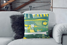 Load image into Gallery viewer, art print pillow throw, cushion cover, pillow cover, decorative cushion cover, decorative pillow, armchair pillow, unique art print pillow, linocut print, yellow green cushion, laylart studio, laylart, interior design, designer cushion, floral whimsy design, colourful home decor, unique fine art pillow