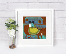 Load image into Gallery viewer, original lino print, lino print for sale, linocut print, limited edition, laylart print, laylart studio, lino print green, green wall art print, spring flower fields, colourful meadow, landscape linocut print, printmaking, reduction lino print, lino print for sale, colourful orange blue yellow