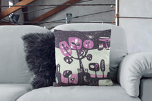 Load image into Gallery viewer, art print pillow throw, cushion cover, pillow cover, decorative cushion cover, decorative pillow, armchair pillow, unique art print pillow, linocut print, yellow purple cushion, laylart studio, laylart, interior design, designer cushion, floral whimsy design, colourful home decor, unique fine art pillow, purple cushion cover