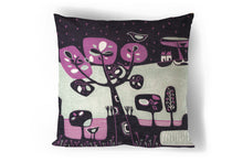 Load image into Gallery viewer, art print pillow throw, cushion cover, pillow cover, decorative cushion cover, decorative pillow, armchair pillow, unique art print pillow, linocut print, yellow purple cushion, laylart studio, laylart, interior design, designer cushion, floral whimsy design, colourful home decor, unique fine art pillow, purple cushion cover
