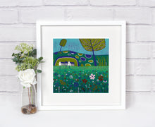 Load image into Gallery viewer, original lino print, lino print for sale, linocut print, limited edition, laylart print, laylart studio, lino print green, green wall art print, spring flower fields, colourful meadow
